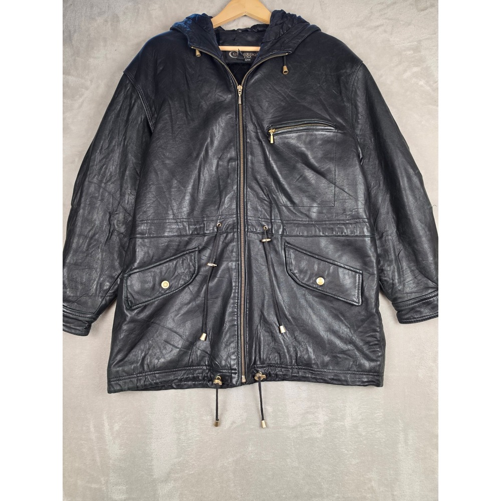 Colebrook & Co Leather Parka Jacket Small Black Quilt Lined Coat Oversized Read